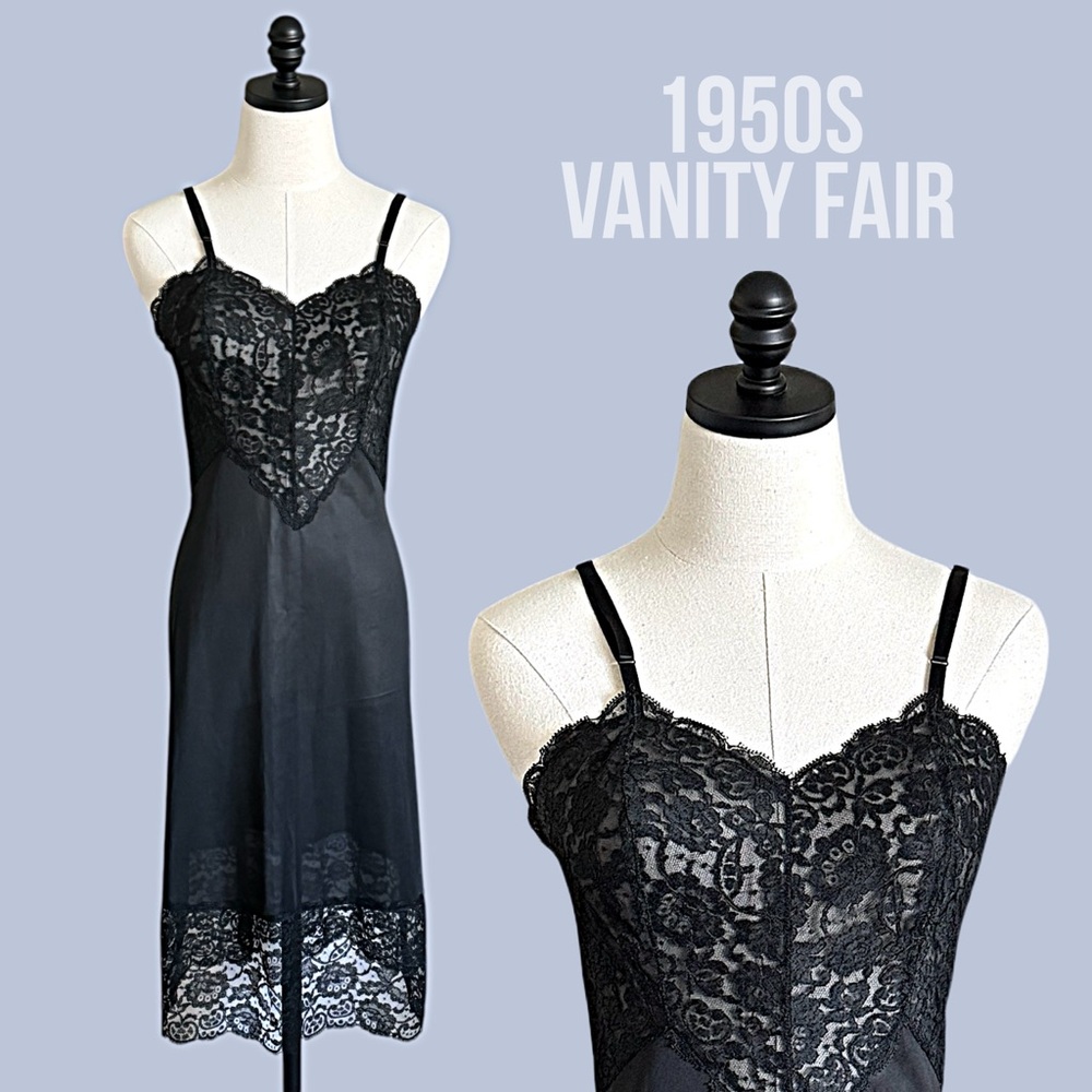 vintage 50s Vanity Fair black lace slip dress size 32